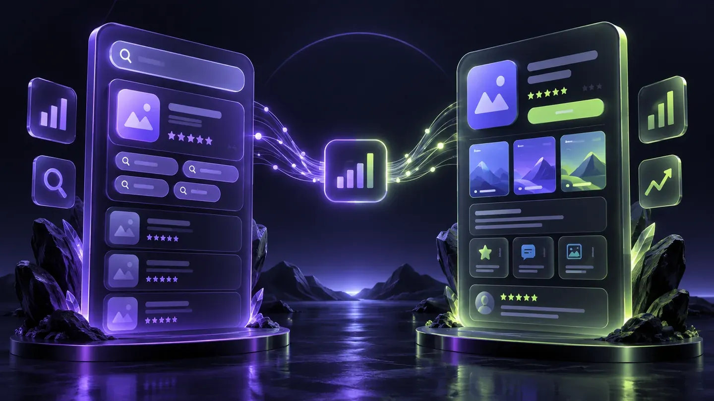 Two abstract app storefront panels linked by a stream of analytics