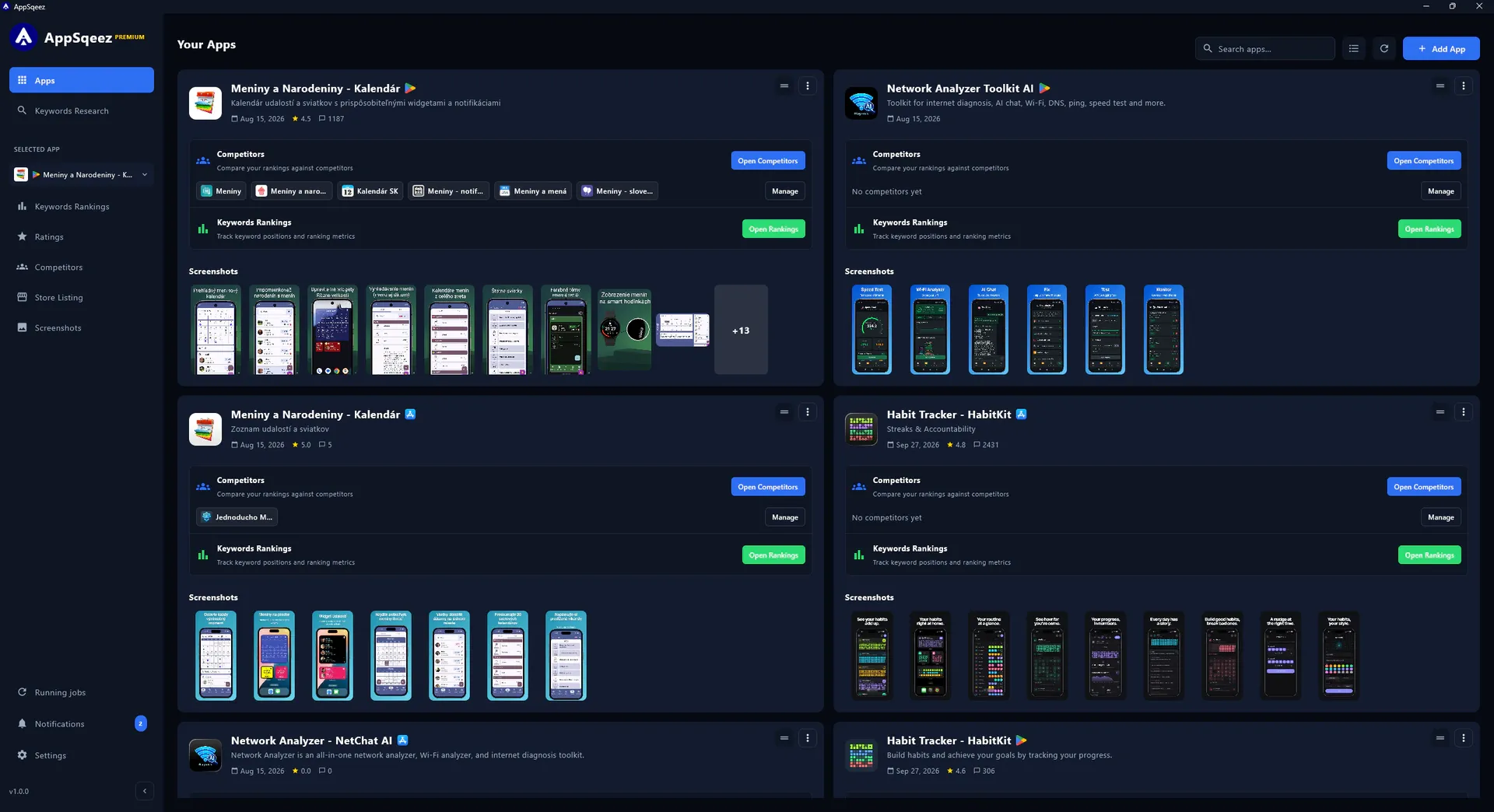 AppSqeez dashboard with App Store and Google Play apps