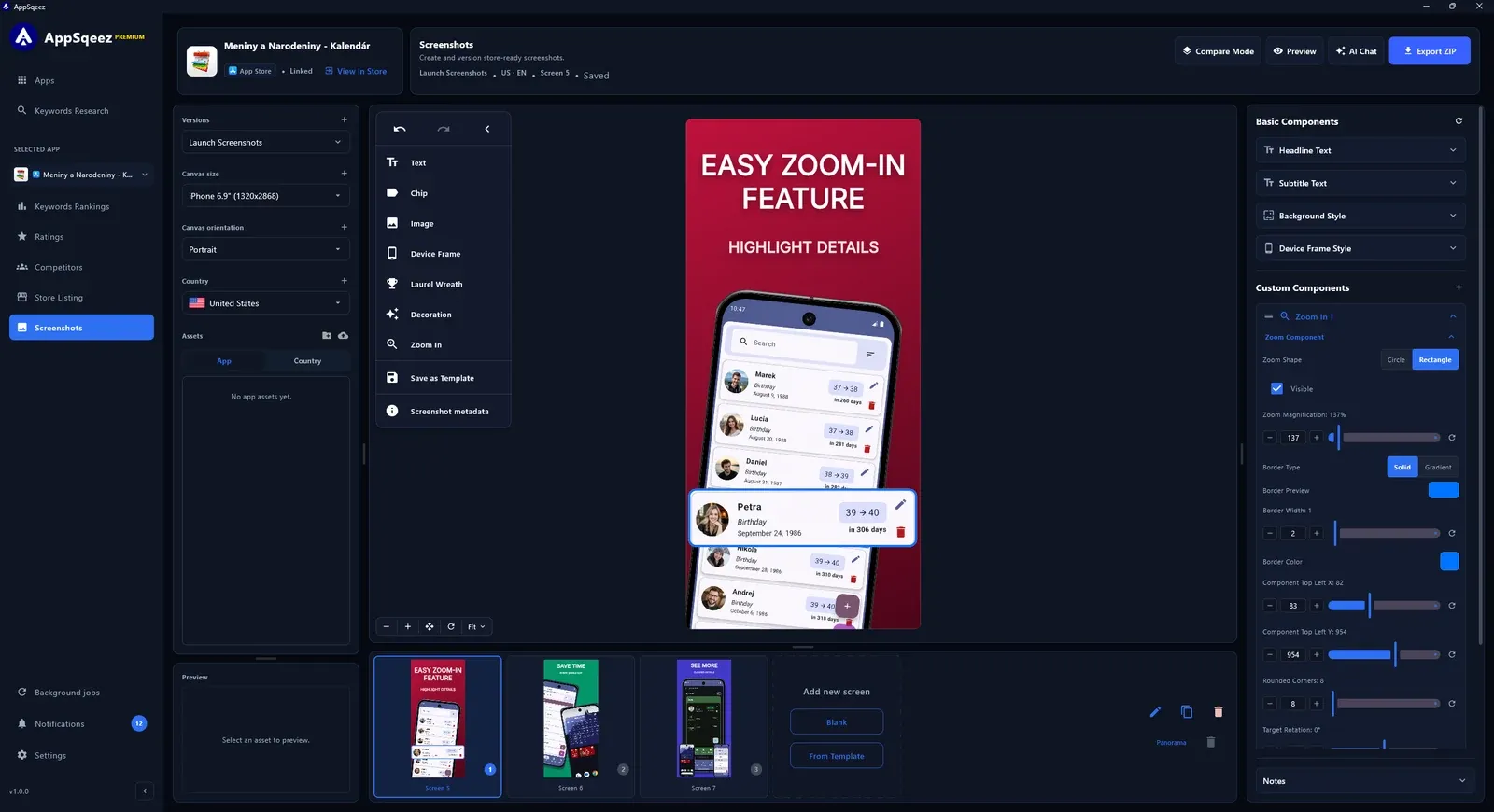 Screenshot studio — canvas editor with device frames