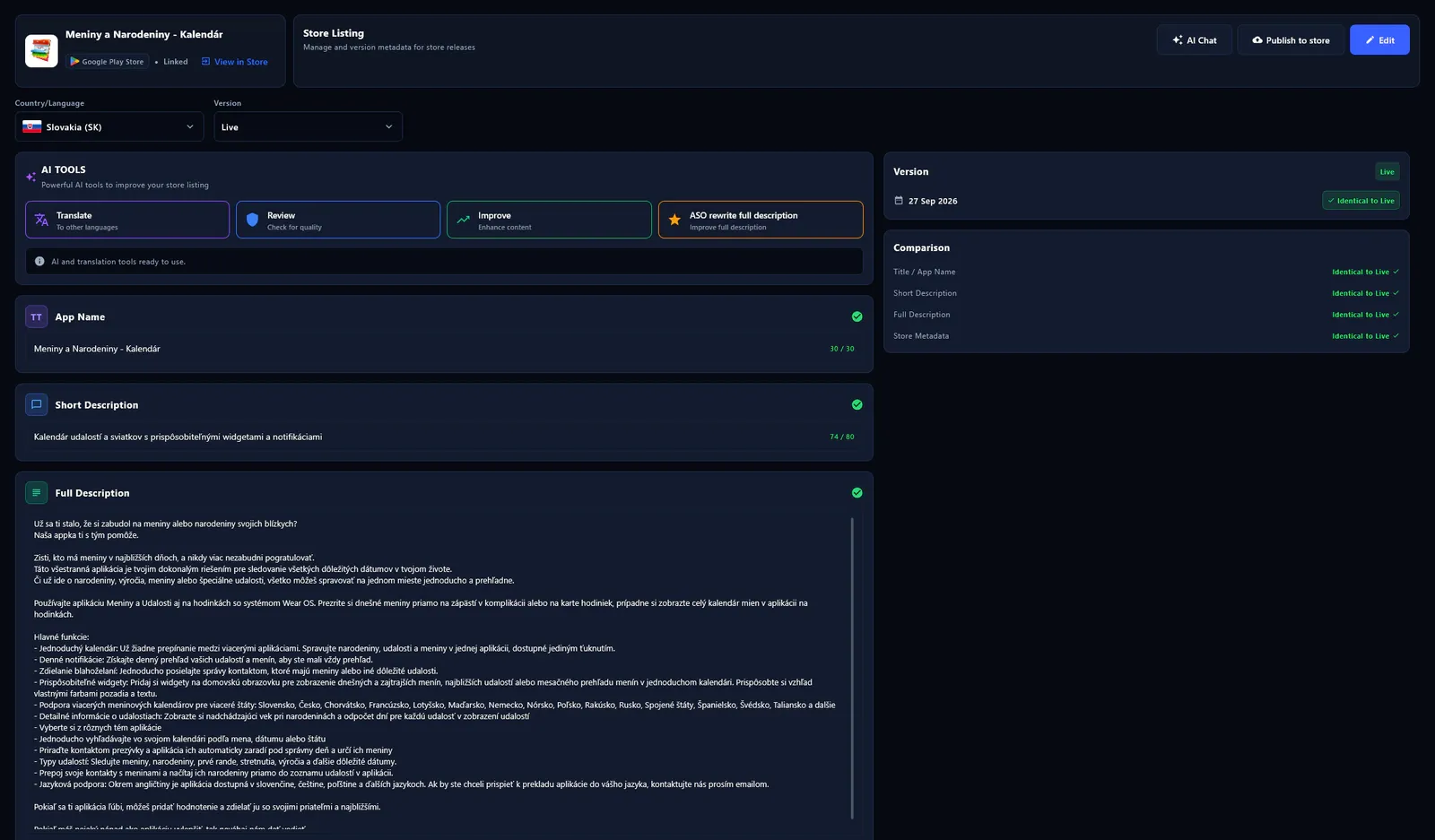 Store listing editor — fields, counters, AI actions